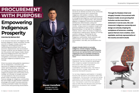 Indigenous SME Business Magazine Spotlights eSupply Canada Founder and the Waaban Chair